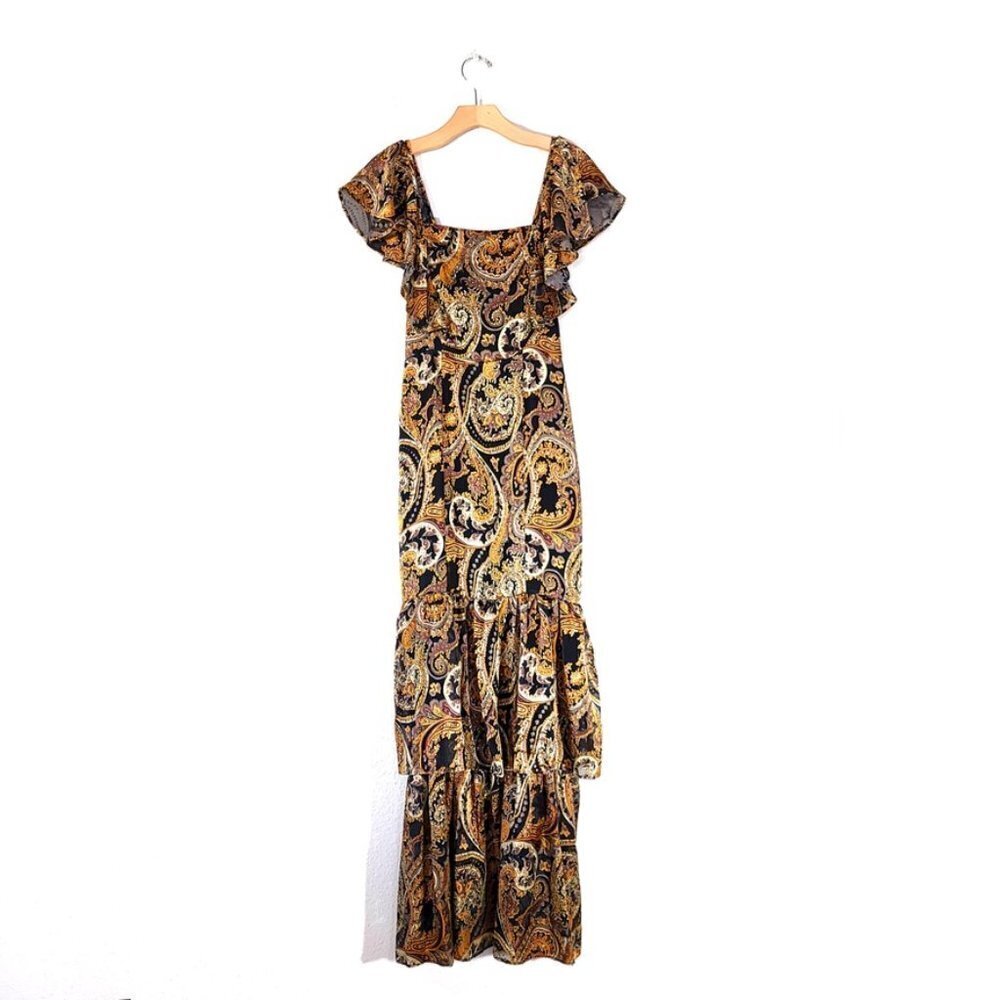 NWT House of Harlow Revolve Daya Maxi Dress in Black Gold Paisley 70s Boho Small